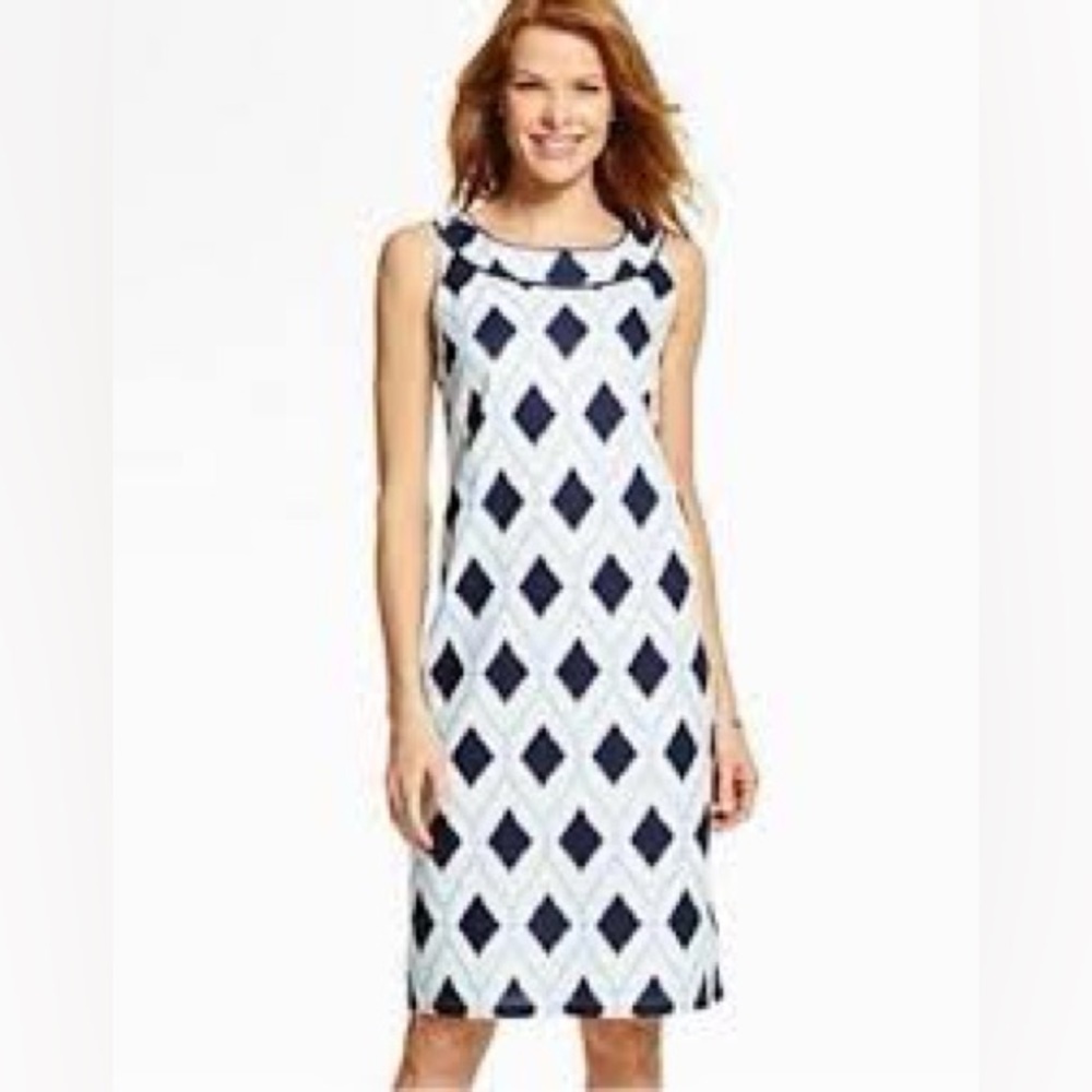 Talbots blue & white diamond print linen cotton blend sheath dress, size 14.
